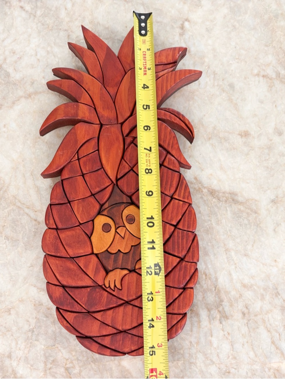 Handcrafted Intarsia Pineapple And Owl Wood Art Wall Plaque Vintage Kitschy - Picture 9 of 10